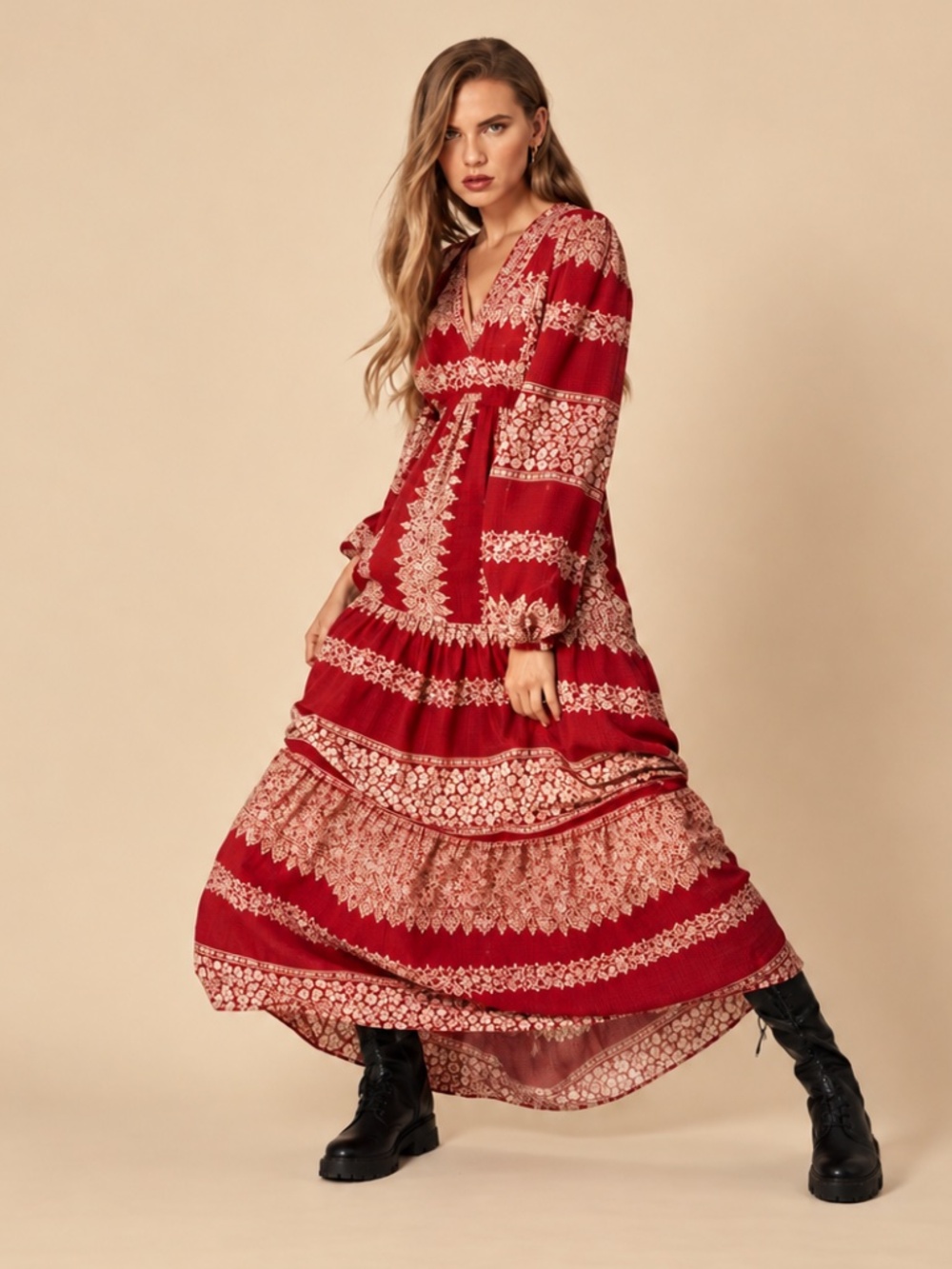 NWT Hale Bob Gina Tiered Maxi Dress Red XS Boho Viscose
